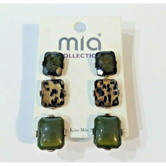 Mia Collection Earrings Set 3pc Animal Print Green Square Studs by Kim Min Sun - Picture 3 of 10